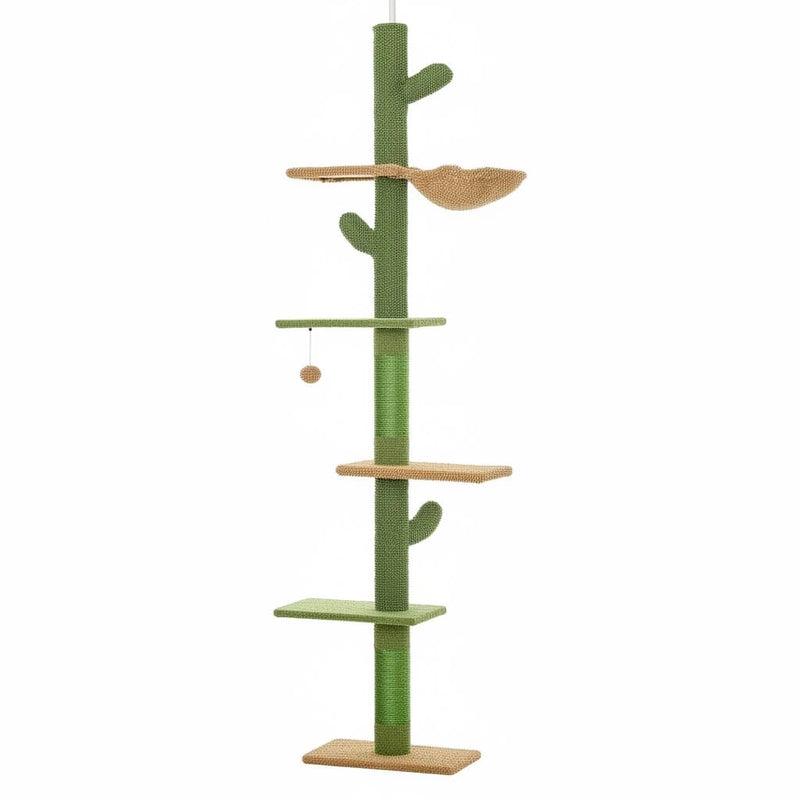 5-Tier Floor-to-Ceiling Cactus Cat Tree – Tall Indoor Climbing Tower with Scratching Post and Hammock