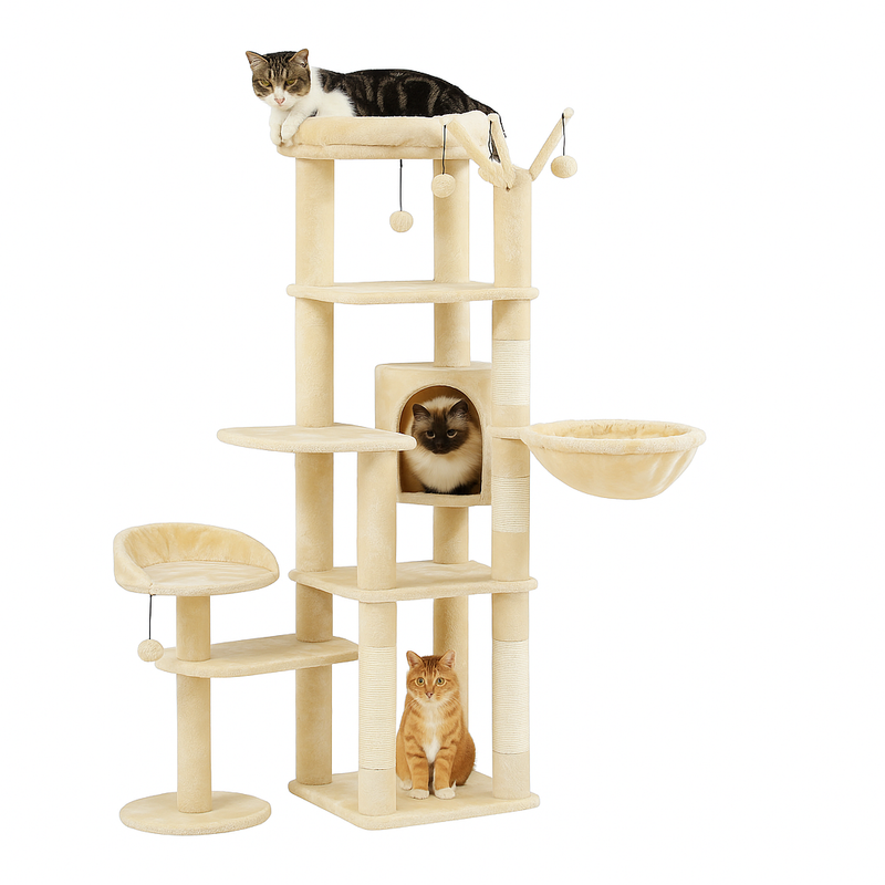 Pawsh Comfort™ Multi-Level Indoor Cat Tree – Tall Tower with Scratching Posts, Hammock, Large Perches, Hanging Balls & Spacious Condo House