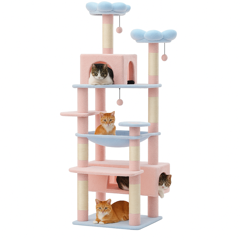 Pawsh Comfort™ 184cm Large Indoor Cat Tree Tower – Sisal-Covered Scratching Posts, Spacious Hammock, Padded Perches & Condos, Blue