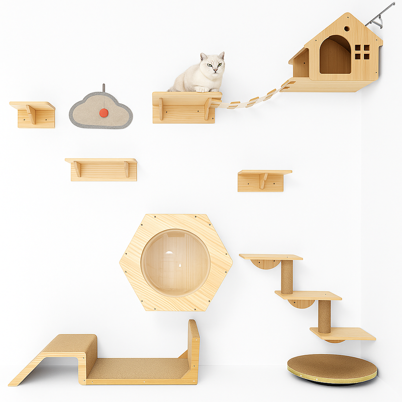 Pawsh Comfort™ Wall-Mounted Wooden Cat Tree – Shelves, Scratching Posts, Climbing Perches, Hammock, Steps & Ladder