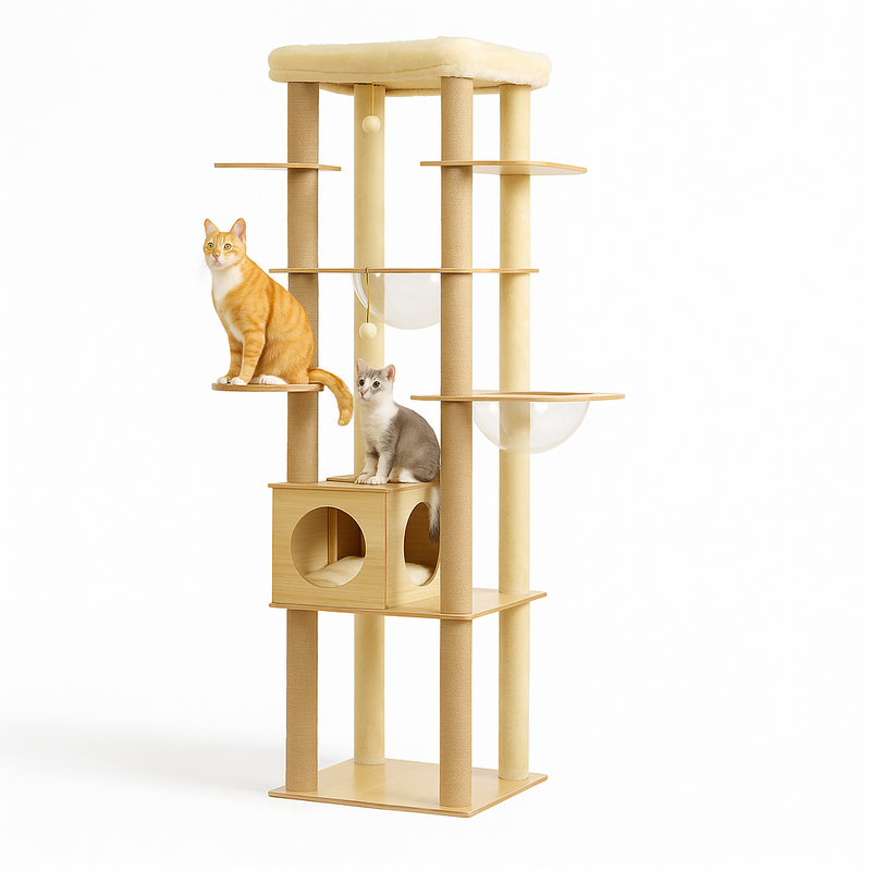 Pawsh Comfort™ Multi-Level Indoor Wood Cat Tree – Spacious Condo, Scratching Posts, Hammock, Top Perch & Cat Toys