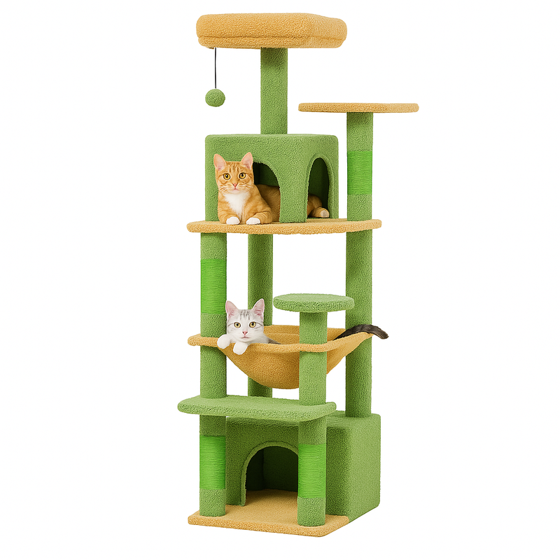 Pawsh Comfort™ 136cm Indoor Cat Tree Tower – Sisal-Covered Scratching Posts, Spacious Hammock, Padded Perches & Condos, Green