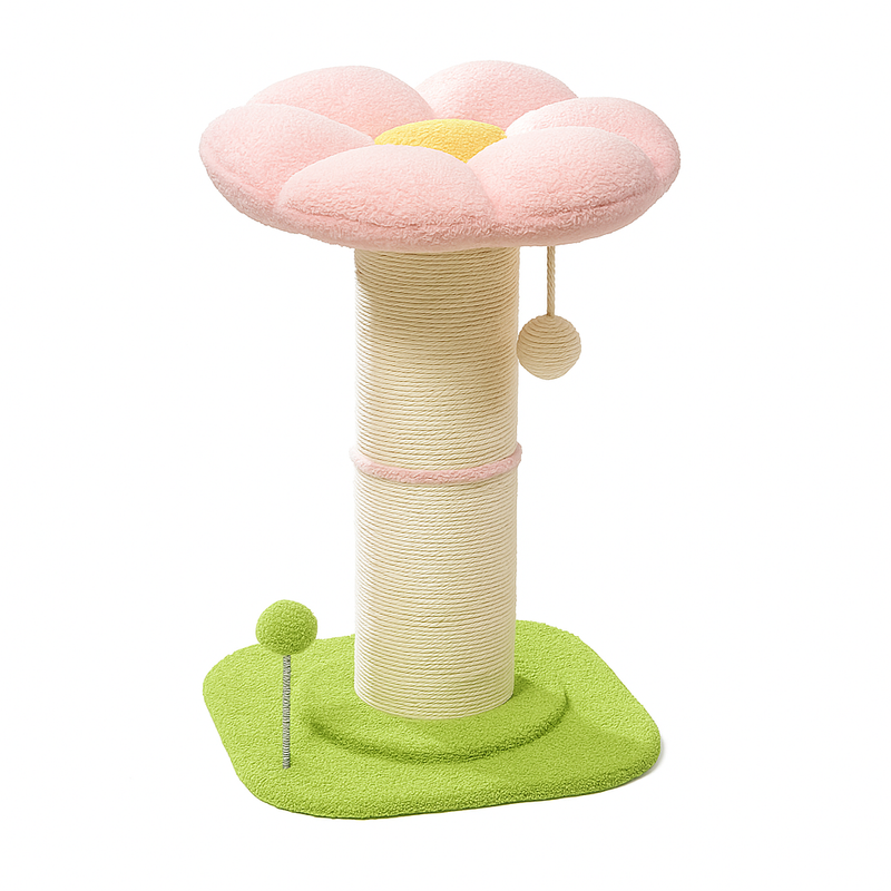 Pawsh Comfort™ Flower Small Cat Tree – Indoor Cat Scratching Post with Super Thick Natural Sisal, Pink Removable Perch, Mat & Playful Balls