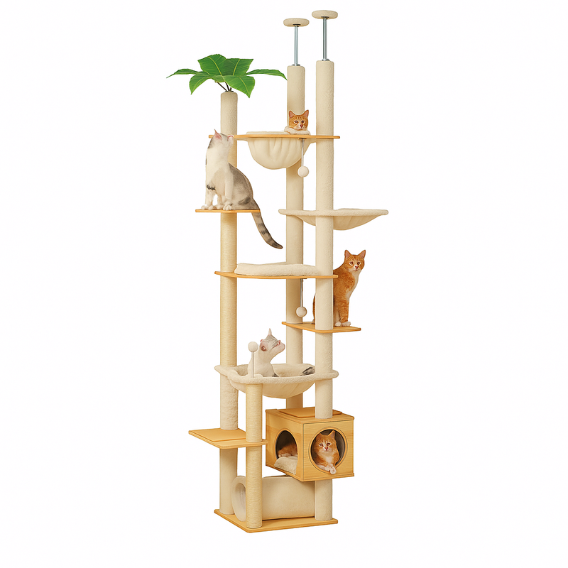 Pawsh Comfort™ Adjustable Floor-to-Ceiling Wooden Cat Tree – Spacious Condo, Scratching Posts, Hammock, Tunnel & Cat Toys