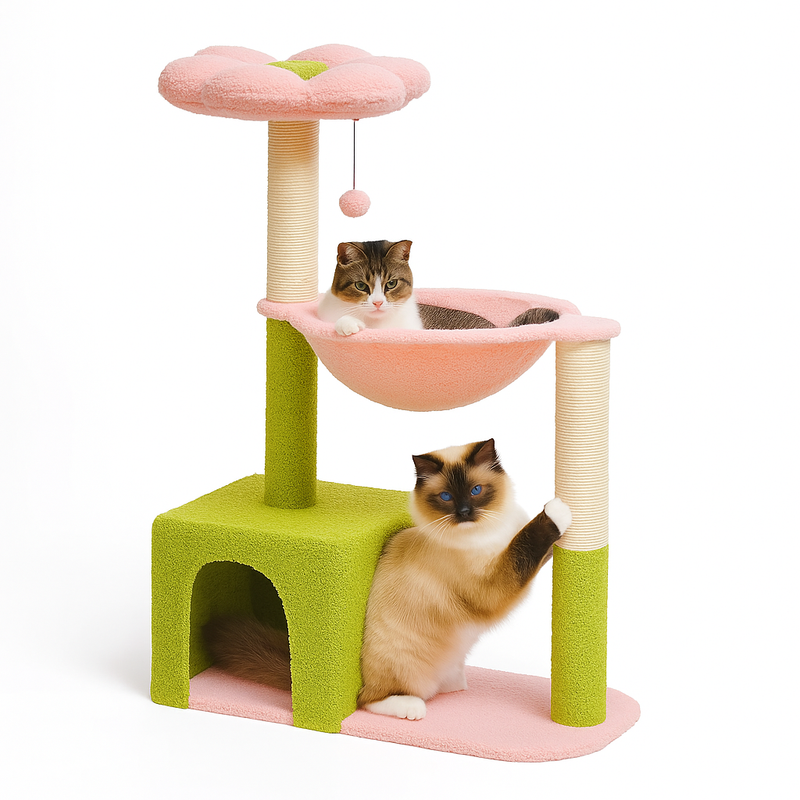 Pawsh Comfort™ Flower Cat Tree – Large Metal Frame Hammock, Sisal Scratching Posts & Pink Perch, Small Indoor Cat Tower