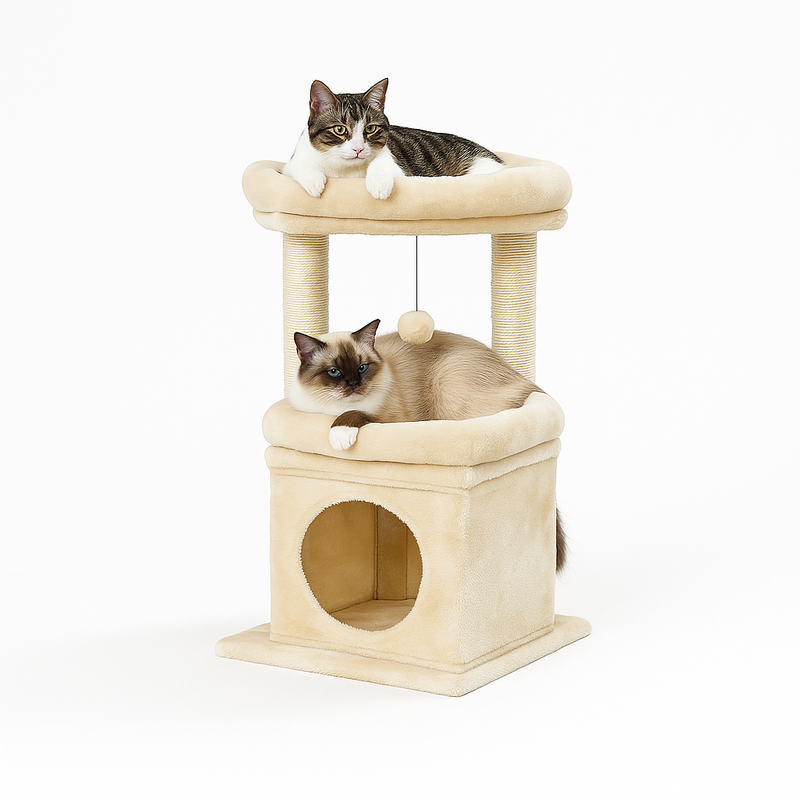 Pawsh Comfort™ Cat Tree Tower – Cozy Condo, Wide Top Perch, Natural Sisal Posts, Soft Plush & Playful Pom-Pom, Ideal for 1-2 Indoor Cats