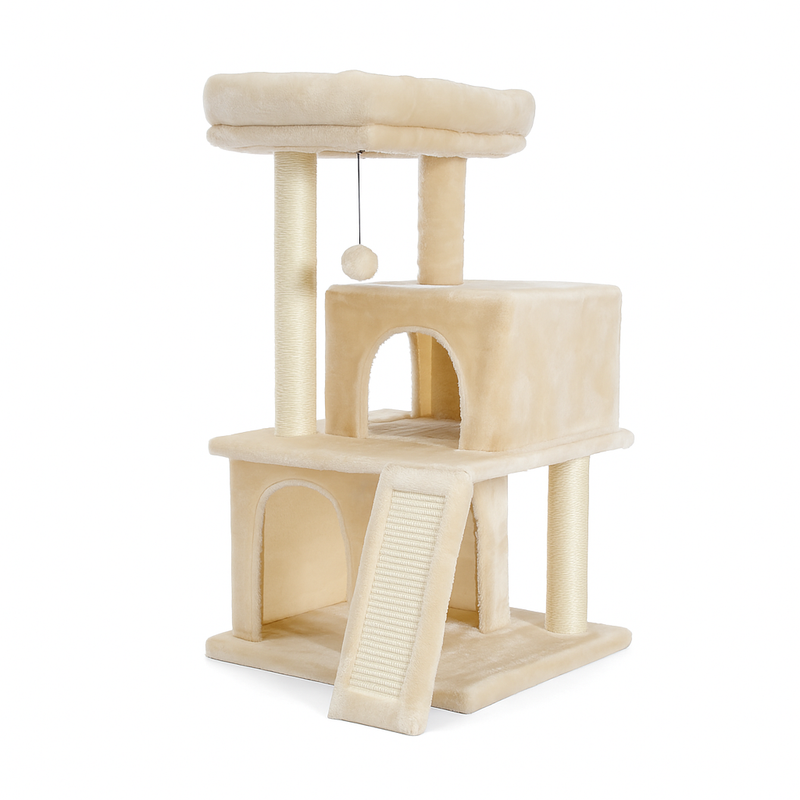 Pawsh Comfort™ Wooden Cat Tower – Double Condos, Spacious Perch, Fully Wrapped Sisal Scratching Posts & Replaceable Dangling Balls