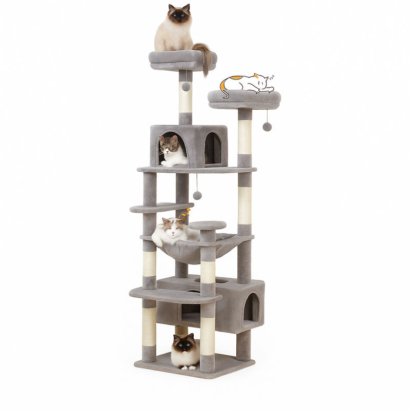 Pawsh Comfort™ Large Indoor Cat Tree Tower – Sisal-Covered Scratching Posts, Spacious Hammock, Padded Perches & Condos, Grey