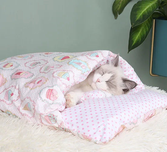 Japanese Cat Bed Warm Cat Sleeping Bag Deep Sleep Cave Winter Removable Pet House Bed for Cats Dogs Nest Cushion with Pillow - Image 23