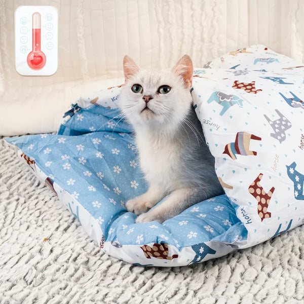 Japanese Cat Bed Warm Cat Sleeping Bag Deep Sleep Cave Winter Removable Pet House Bed for Cats Dogs Nest Cushion with Pillow - Image 1