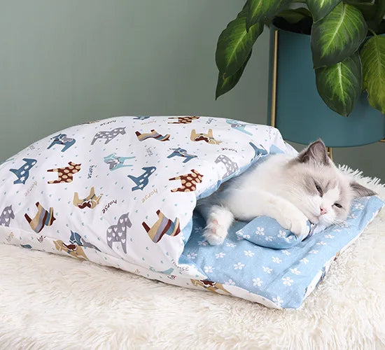 Japanese Cat Bed Warm Cat Sleeping Bag Deep Sleep Cave Winter Removable Pet House Bed for Cats Dogs Nest Cushion with Pillow - Image 22