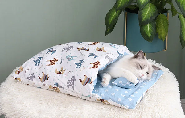 Japanese Cat Bed Warm Cat Sleeping Bag Deep Sleep Cave Winter Removable Pet House Bed for Cats Dogs Nest Cushion with Pillow - Image 19