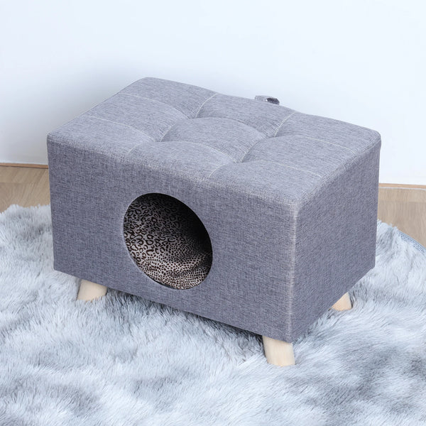 Cat Nest, Pet House Bench, Wood Pet House Cat Cave with Mat, Pet House Foot Rest Stool with Cushion, Cube House for Cats dogs - Image 7