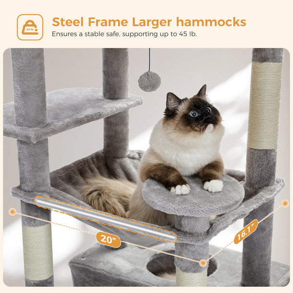 Pawsh Comfort™ Large Indoor Cat Tree Tower – Sisal-Covered Scratching Posts, Spacious Hammock, Padded Perches & Condos, Grey - Image 11