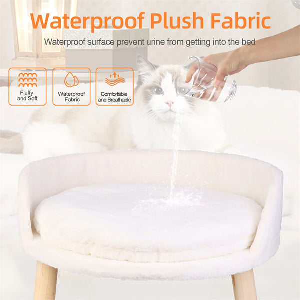 Luxury Cat Bed Soft Warm Plush Fabric Pet Nesting Chair Bed Stool Wood Legs with Cushion Pad Washable Waterproof for Small Pets - Image 9