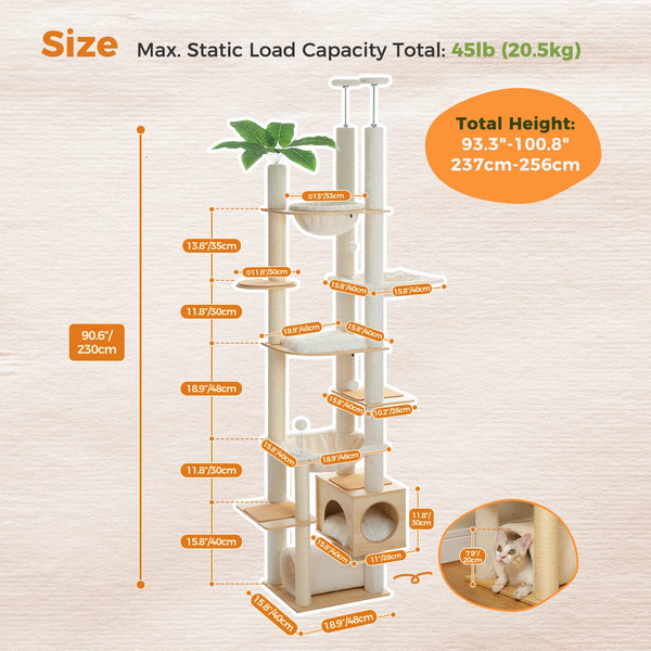 Pawsh Comfort™ Adjustable Floor-to-Ceiling Wooden Cat Tree – Spacious Condo, Scratching Posts, Hammock, Tunnel & Cat Toys - Image 20