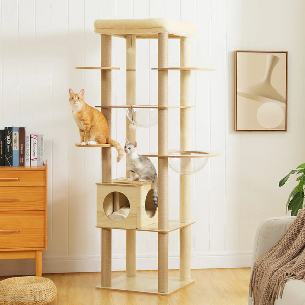 Pawsh Comfort™ Multi-Level Indoor Wood Cat Tree – Spacious Condo, Scratching Posts, Hammock, Top Perch & Cat Toys - Image 2