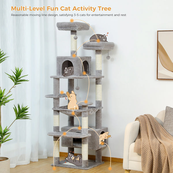 Pawsh Comfort™ Large Indoor Cat Tree Tower – Sisal-Covered Scratching Posts, Spacious Hammock, Padded Perches & Condos, Grey - Image 3