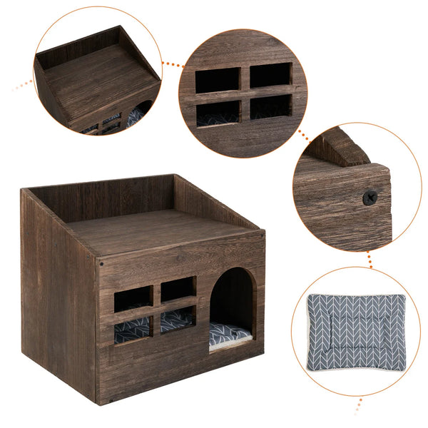 Wooden Cat Cave Bed Furniture Kitten Sleep Lounge House Bed with Cushion Pad Litter Box for Indoor Cats - Image 11