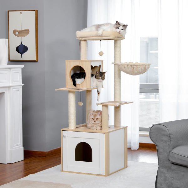 Pawsh Comfort™ Multi-Level Indoor Wood Cat Tree – Spacious Condo, Scratching Posts, Hammock, Top Perch & Cat Toys - Image 24