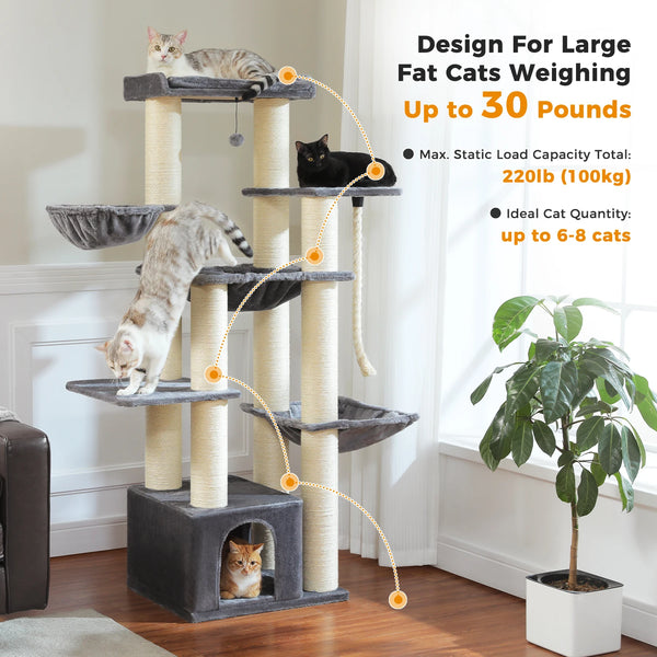 Pawsh Comfort™ Large Cat Tree for Big Cats – Robust Multi-Level Tower with Hammock, 11 Sisal Posts & Large Perch - Image 10