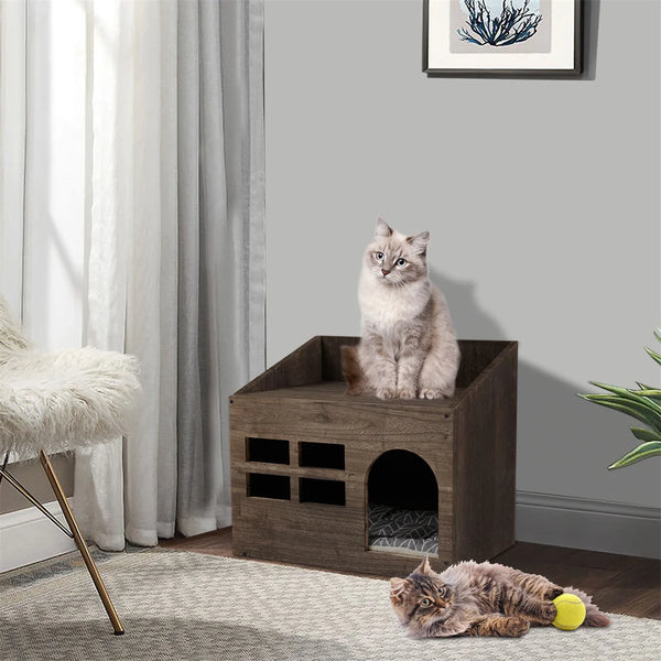 Wooden Cat Cave Bed Furniture Kitten Sleep Lounge House Bed with Cushion Pad Litter Box for Indoor Cats - Image 1