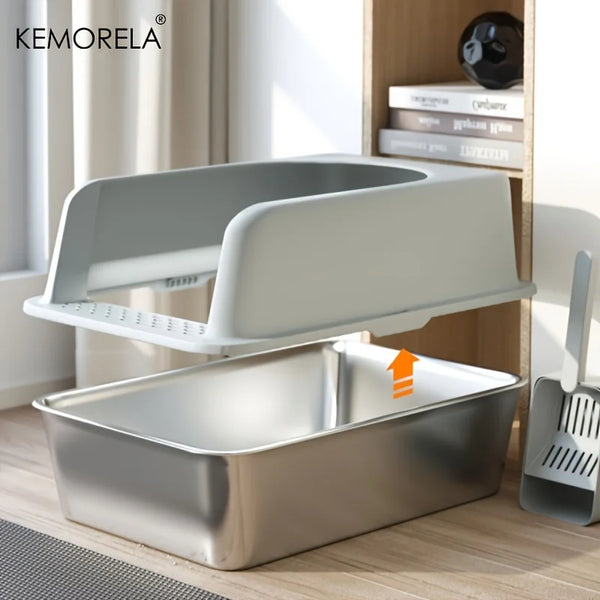Stainless Steel Litter Box With Litter Mat And Litter Spade Lid High Side Suitable For Large Cats Closed Litter Tray With Spoon - Image 4