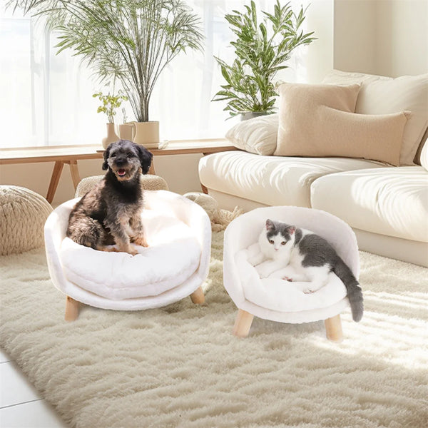 Luxury Cat Bed Soft Warm Plush Fabric Pet Nesting Chair Bed Stool Wood Legs with Cushion Pad Washable Waterproof for Small Pets - Image 1