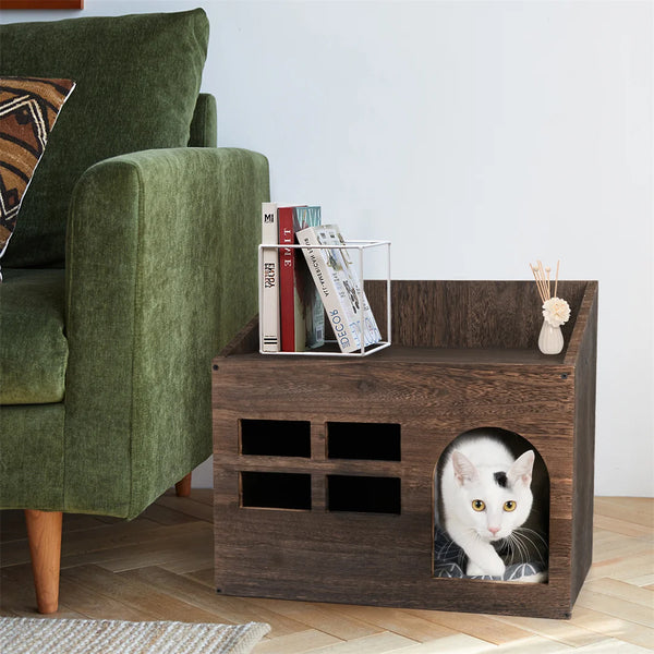 Wooden Cat Cave Bed Furniture Kitten Sleep Lounge House Bed with Cushion Pad Litter Box for Indoor Cats - Image 6