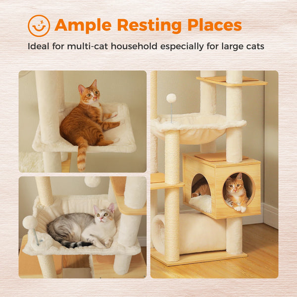 Pawsh Comfort™ Adjustable Floor-to-Ceiling Wooden Cat Tree – Spacious Condo, Scratching Posts, Hammock, Tunnel & Cat Toys - Image 3