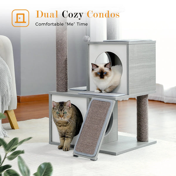 Pawsh Comfort™ Wooden Cat Tower – Double Condos, Spacious Perch, Fully Wrapped Sisal Scratching Posts & Replaceable Dangling Balls - Image 11