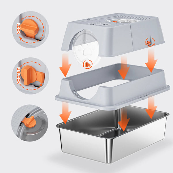 Stainless Steel Litter Box with Lid Anti-Leakage Non Stick Surface XXL Cat Litter Pan w/Scoop & Steps 60x40x39cm - Image 4