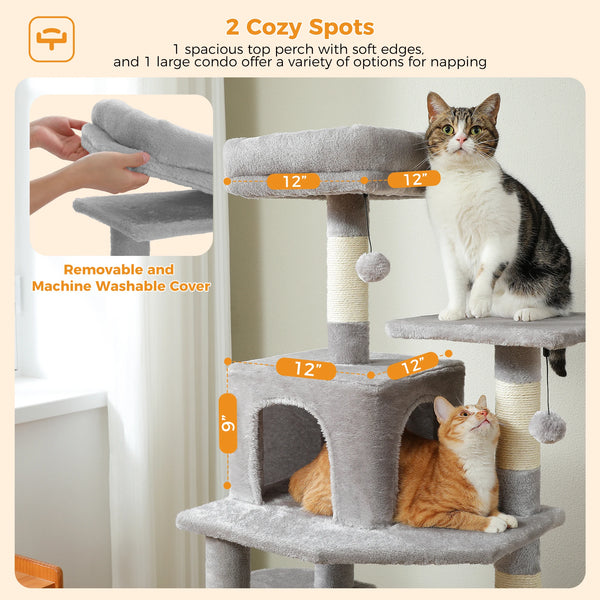 Pawsh Comfort™ Large Indoor Cat Tree Tower – Sisal-Covered Scratching Posts, Spacious Hammock, Padded Perches & Condos, Grey - Image 16
