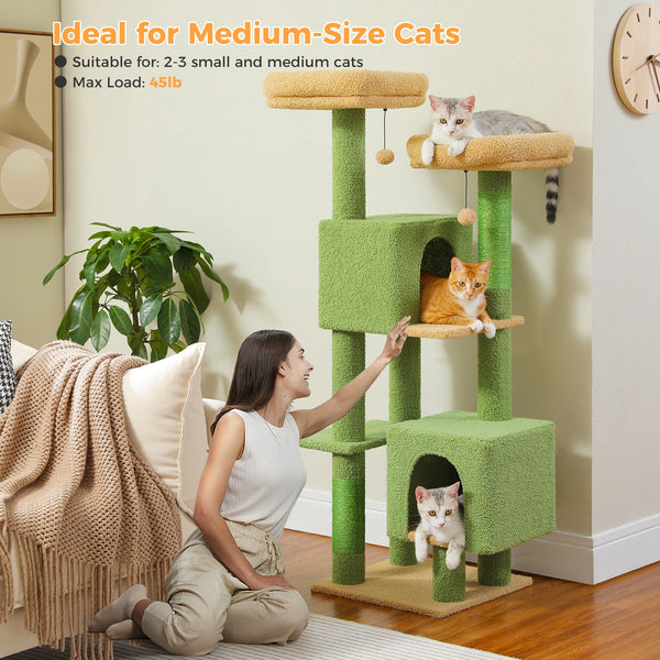 Pawsh Comfort™ Cactus Cat Tree – 133cm Indoor Cat Tower with 2 Padded Perches, 2 Condos & 2 Scratching Posts - Image 3