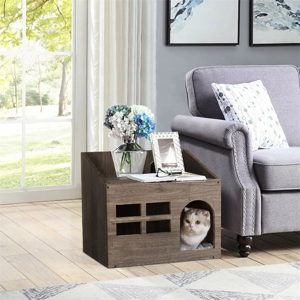 Wooden Cat Cave Bed Furniture Kitten Sleep Lounge House Bed with Cushion Pad Litter Box for Indoor Cats - Image 3