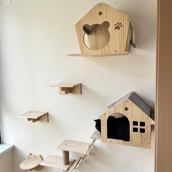 Pawsh Comfort™ Wall-Mounted Wooden Cat Tree – Shelves, Scratching Posts, Climbing Perches, Hammock, Steps & Ladder - Image 8
