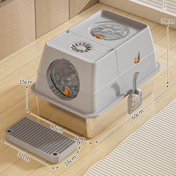 Stainless Steel Litter Box with Lid Anti-Leakage Non Stick Surface XXL Cat Litter Pan w/Scoop & Steps 60x40x39cm - Image 8