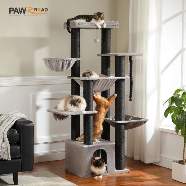 Pawsh Comfort™ Large Cat Tree for Big Cats – Robust Multi-Level Tower with Hammock, 11 Sisal Posts & Large Perch - Image 5