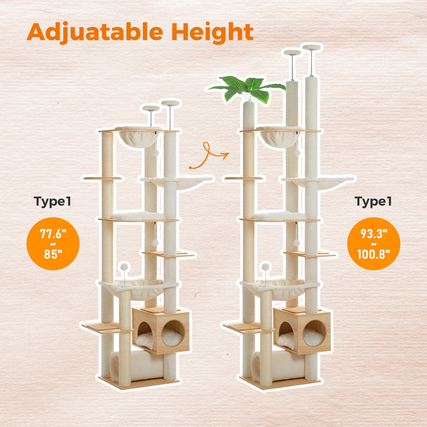 Pawsh Comfort™ Adjustable Floor-to-Ceiling Wooden Cat Tree – Spacious Condo, Scratching Posts, Hammock, Tunnel & Cat Toys - Image 6