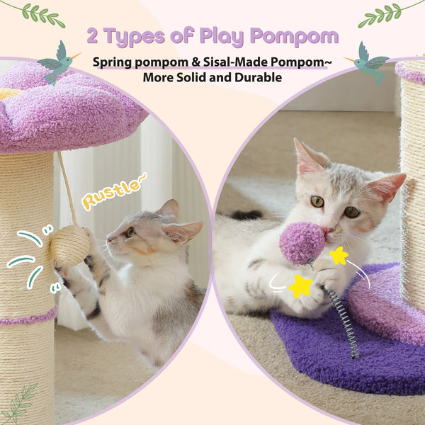 Pawsh Comfort™ Flower Small Cat Tree – Indoor Cat Scratching Post with Super Thick Natural Sisal, Pink Removable Perch, Mat & Playful Balls - Image 14