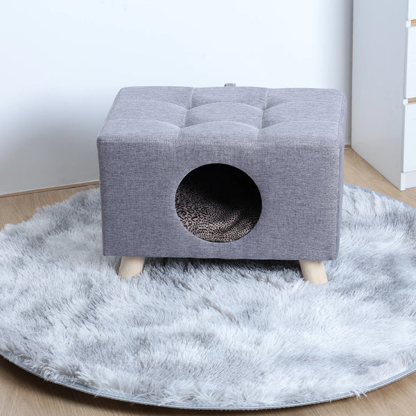 Cat Nest, Pet House Bench, Wood Pet House Cat Cave with Mat, Pet House Foot Rest Stool with Cushion, Cube House for Cats dogs - Image 1