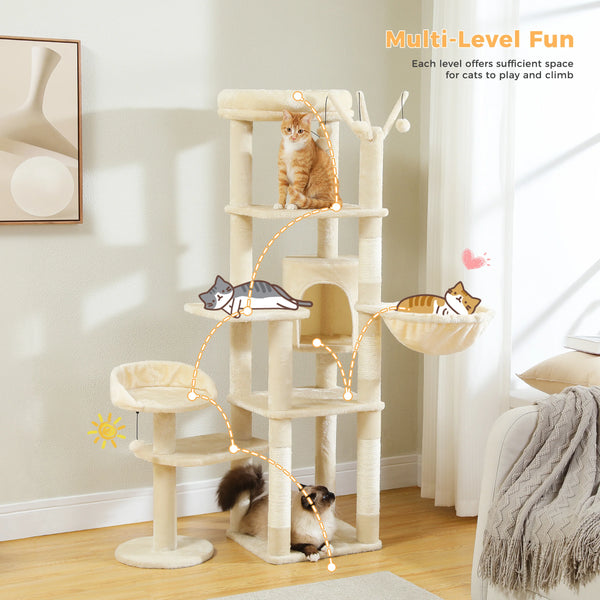 Pawsh Comfort™ Multi-Level Indoor Cat Tree – Tall Tower with Scratching Posts, Hammock, Large Perches, Hanging Balls & Spacious Condo House - Image 9