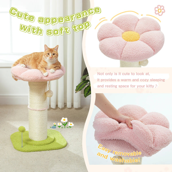 Pawsh Comfort™ Flower Small Cat Tree – Indoor Cat Scratching Post with Super Thick Natural Sisal, Pink Removable Perch, Mat & Playful Balls - Image 6