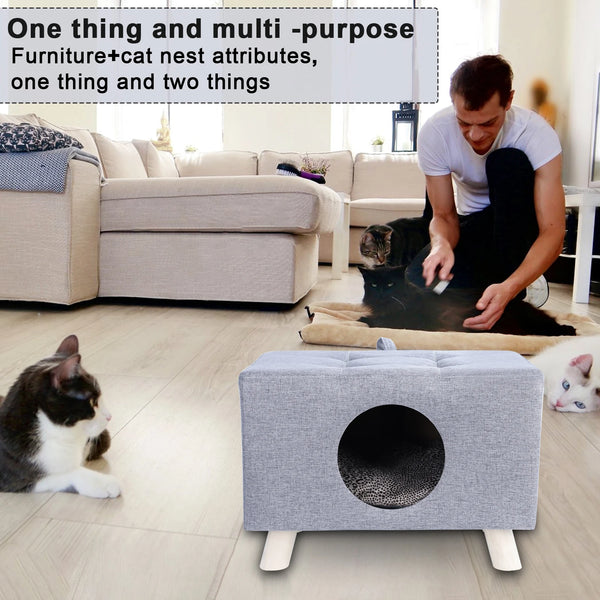 Cat Nest, Pet House Bench, Wood Pet House Cat Cave with Mat, Pet House Foot Rest Stool with Cushion, Cube House for Cats dogs - Image 2