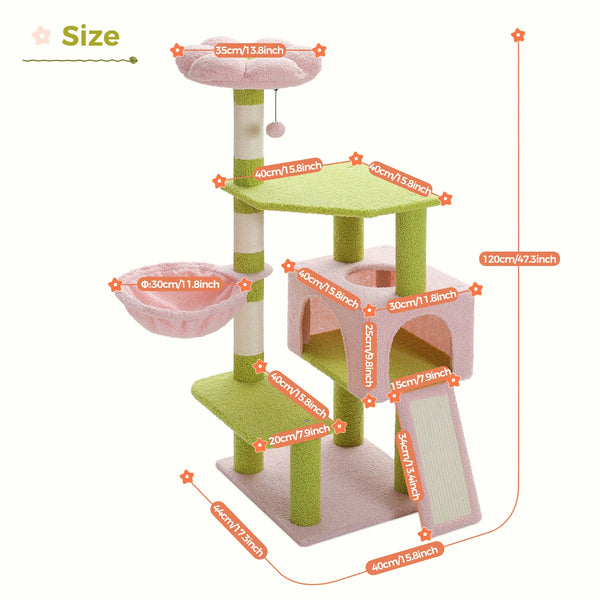 Flower Cat Tree, Multi-Level Cat Tower with Sisal Scratching Posts, Hammock, Ramp, Top Perch, Cat Condo for Indoor, Kitten Toys - Image 7