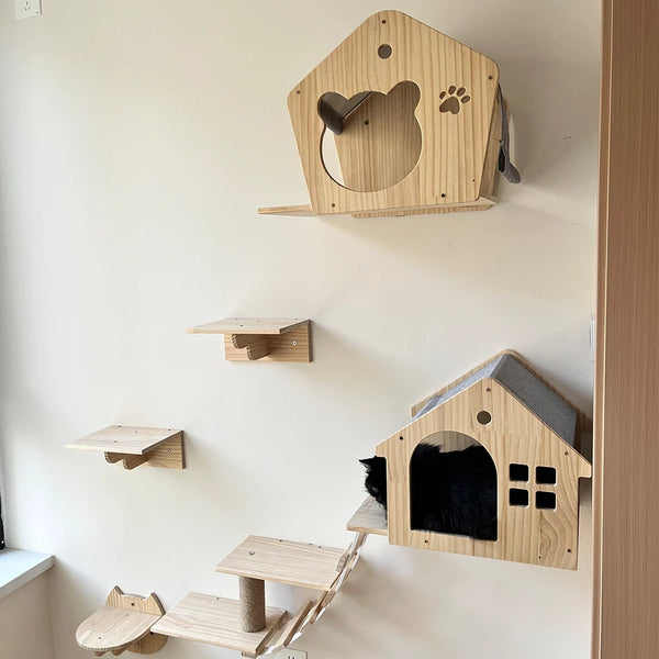 Pawsh Comfort™ Wall-Mounted Wooden Cat Tree – Shelves, Scratching Posts, Climbing Perches, Hammock, Steps & Ladder - Image 3