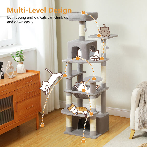 Pawsh Comfort™ Large Indoor Cat Tree Tower – Sisal-Covered Scratching Posts, Spacious Hammock, Padded Perches & Condos, Grey - Image 13