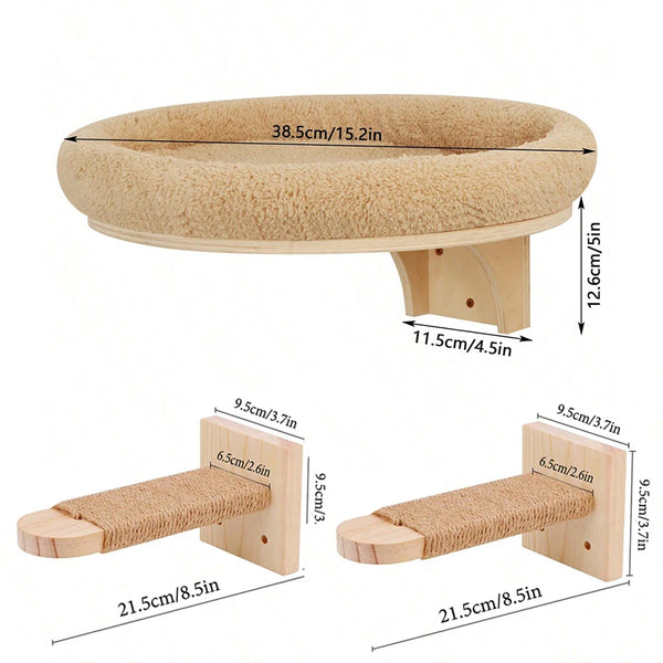 Pawsh Comfort™ Wall-Mounted Wooden Cat Tree – Shelves, Scratching Posts, Climbing Perches, Hammock, Steps & Ladder - Image 23