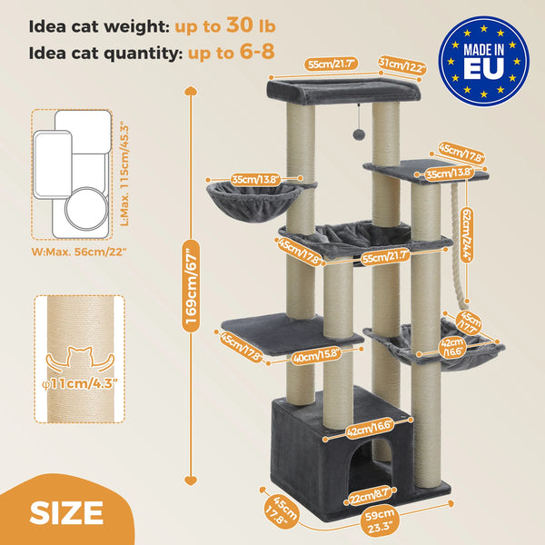 Pawsh Comfort™ Large Cat Tree for Big Cats – Robust Multi-Level Tower with Hammock, 11 Sisal Posts & Large Perch - Image 8
