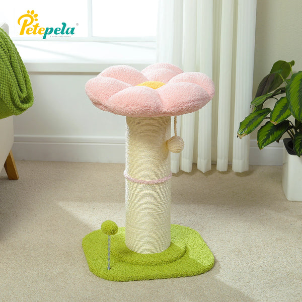Pawsh Comfort™ Flower Small Cat Tree – Indoor Cat Scratching Post with Super Thick Natural Sisal, Pink Removable Perch, Mat & Playful Balls - Image 2